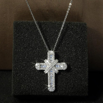 Charming Silver Colour Luxury Women White Crystal Pendant Necklace - Cute Cross Religious Necklace - The Jewellery Supermarket